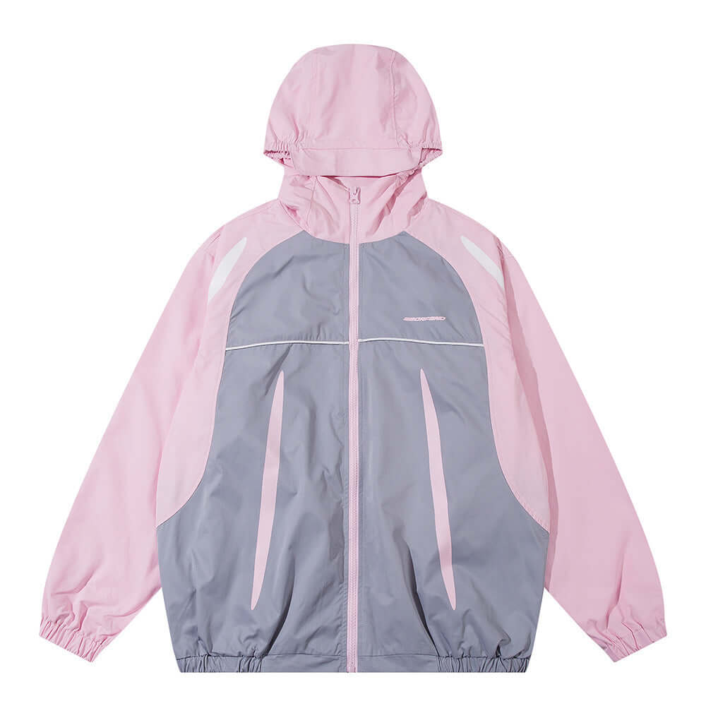 Sun-protective wind coat for men in pink and gray, featuring a hood and lightweight, breathable fabric.