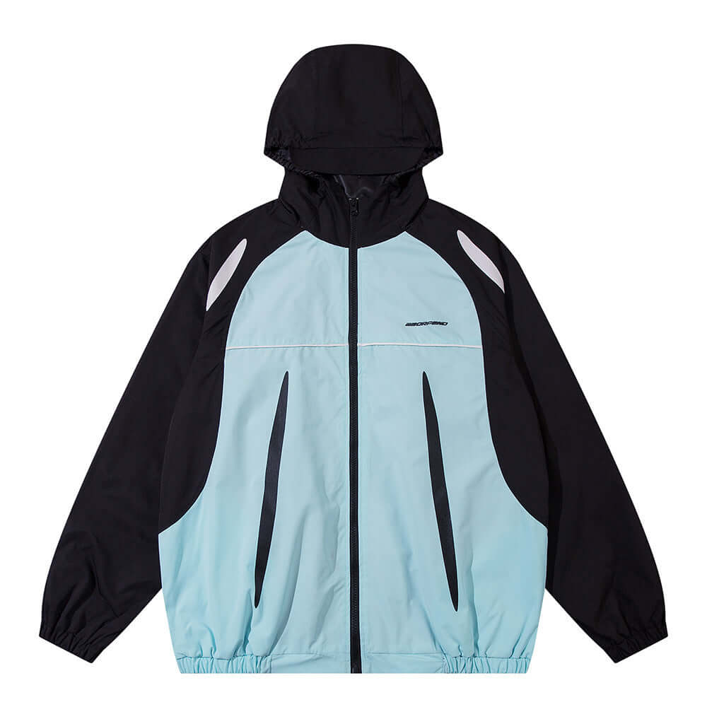 Men's sun-protective wind coat in black and light blue, featuring a hood and breathable design for outdoor activities.