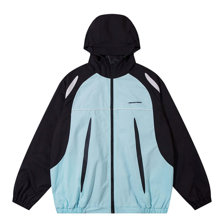 Men's sun-protective wind coat in black and light blue, featuring a hood and breathable design for outdoor activities.
