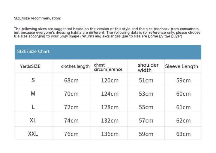 Size chart for sun-protective wind coat for men, showing clothing lengths and measurements for various sizes.