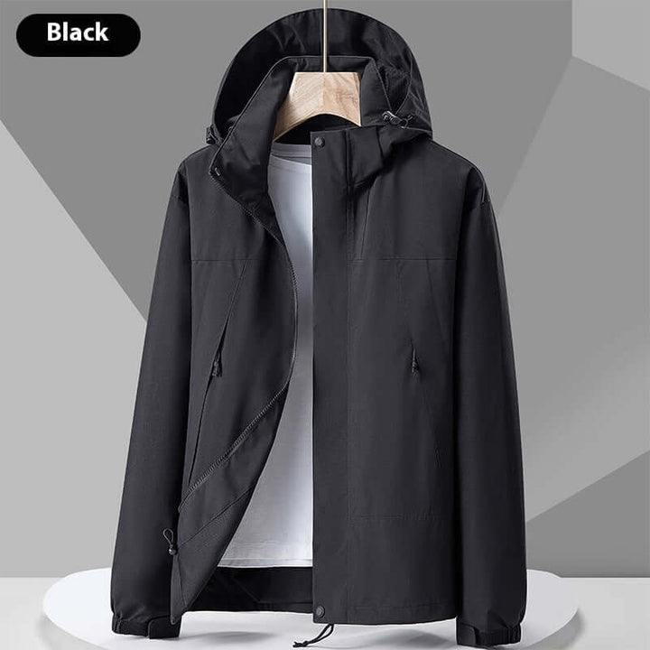Stylish black waterproof colorblock windbreaker jacket featuring a hood and lightweight design for outdoor activities.