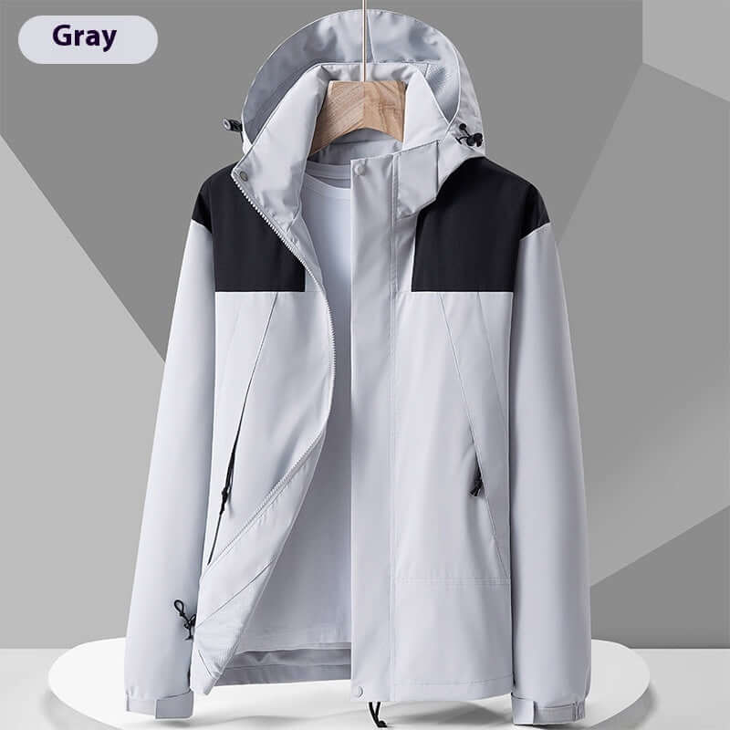 Gray waterproof colorblock windbreaker jacket with hood, perfect for outdoor activities and stylish urban wear.