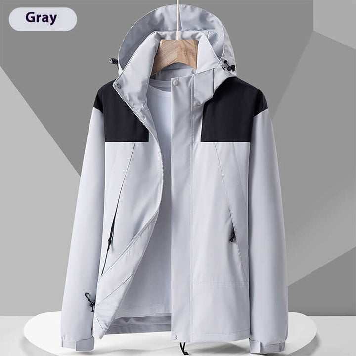 Gray waterproof colorblock windbreaker jacket with hood, perfect for outdoor activities and stylish urban wear.