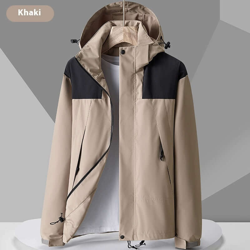 Khaki waterproof colorblock windbreaker jacket, lightweight, stylish for outdoor adventures and urban wear.