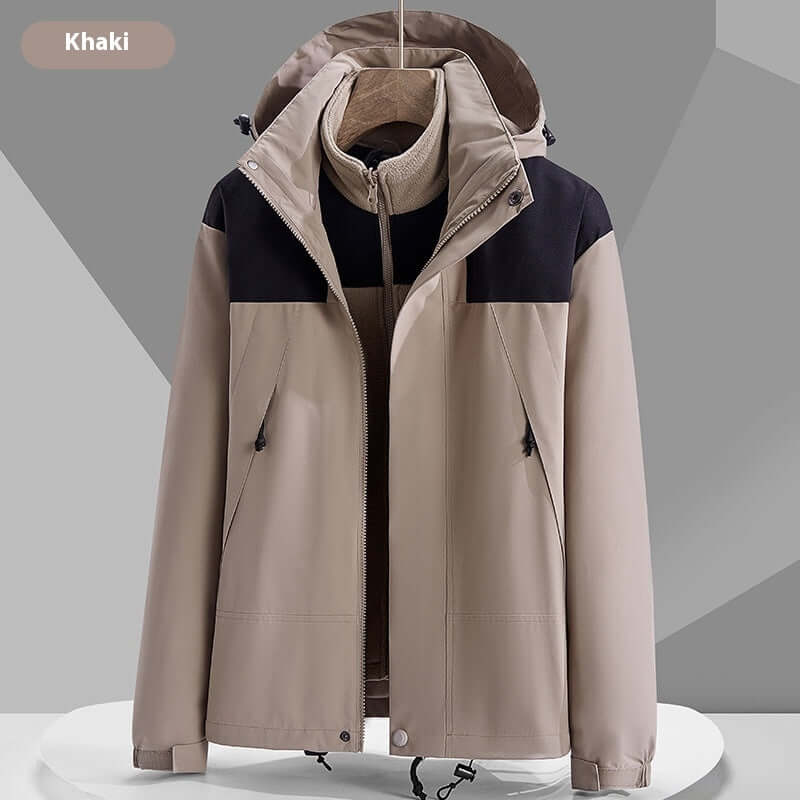 Stylish waterproof colorblock windbreaker jacket in khaki color with a breathable design, perfect for outdoor activities.