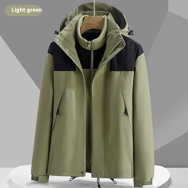 Light green waterproof colorblock windbreaker jacket, perfect for outdoor adventures and daily wear.
