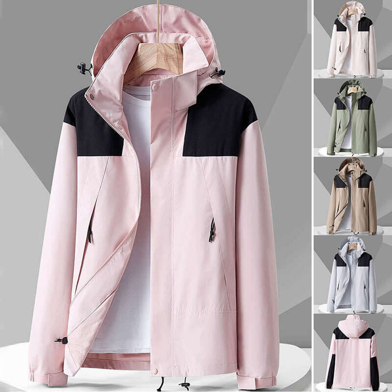 Waterproof colorblock windbreaker jacket in pink and black, perfect for outdoor adventures and urban wear.