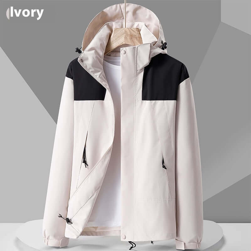 Waterproof colorblock windbreaker jacket in ivory and black, lightweight and stylish for outdoor activities.