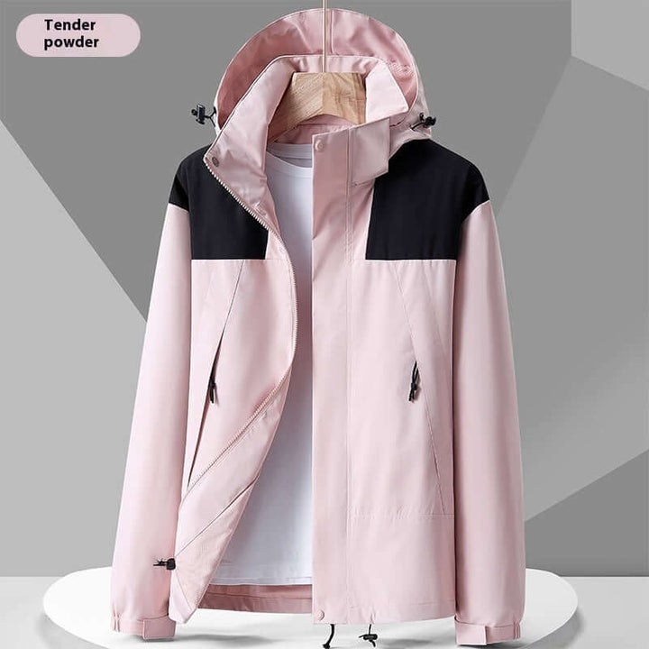 Waterproof colorblock windbreaker jacket in tender powder pink and black, perfect for outdoor activities.