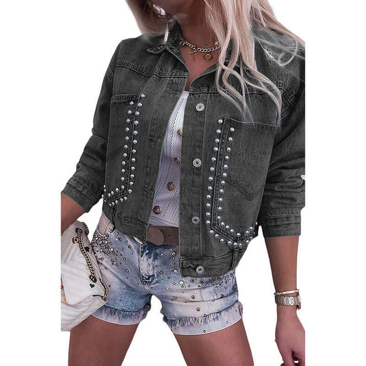 Womens autumn street denim jacket with studded details and relaxed fit, perfect for stylish layering on cool days.