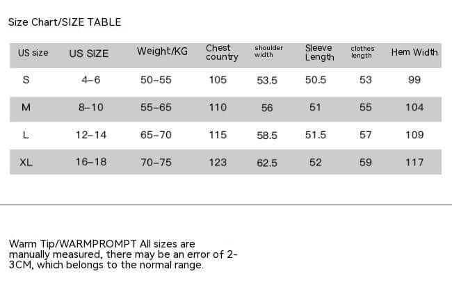 Size chart for women's denim jacket including US sizes, weights, and dimensions.