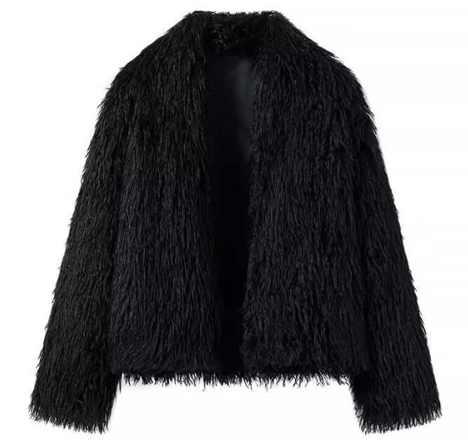 Women's fashionable black faux fur street jacket, lightweight and stylish for trendy urban outfits.