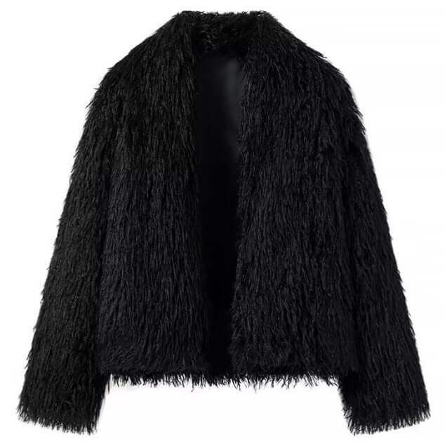 Women's fashionable black fuzzy street jacket with a chic open-front design.