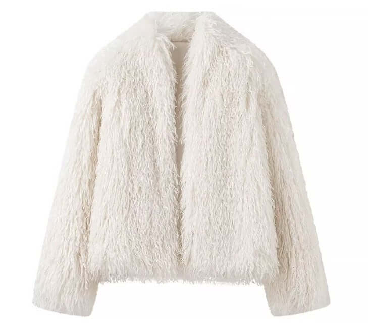 women's fashionable street jacket in cozy white faux fur for urban styling and layering