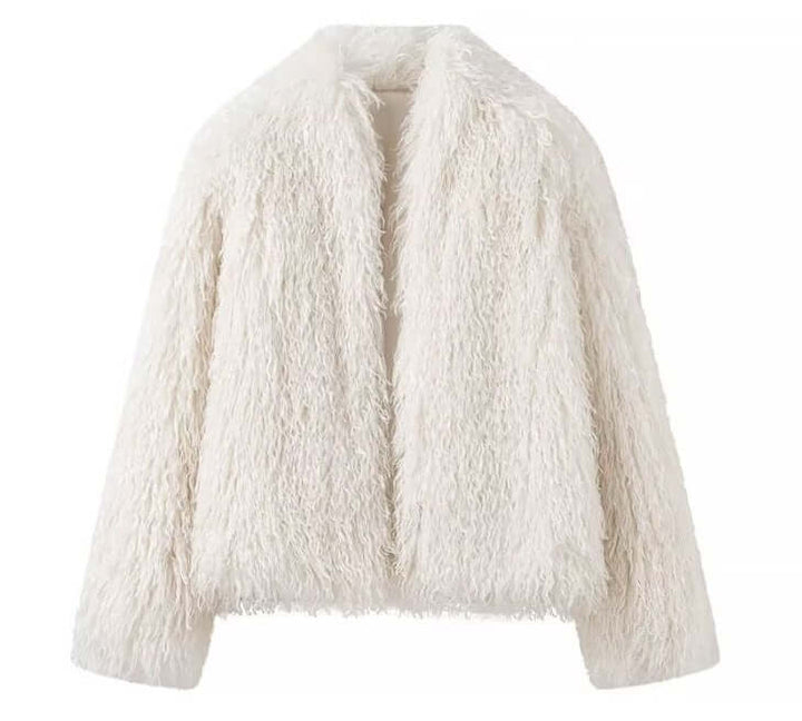 women's fashionable street jacket in cozy white faux fur for urban styling and layering