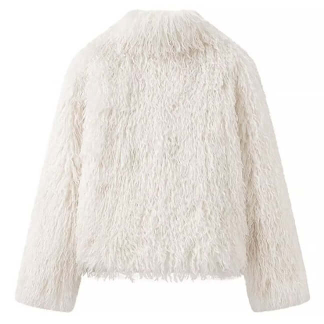 Back view of a women's fashionable street jacket in white, featuring a soft, fluffy texture and modern design.