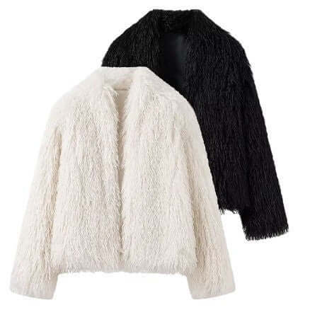 women's fashionable street jacket in white and black, featuring a cozy and chic shaggy texture, perfect for stylish layering.