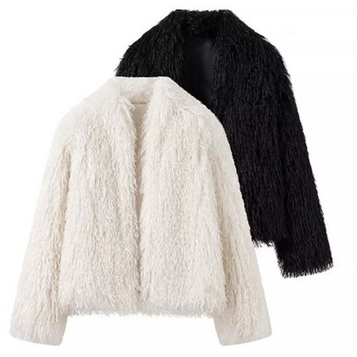 Women's fashionable street jackets in black and white, featuring a chic fluffy design for urban style and comfort.