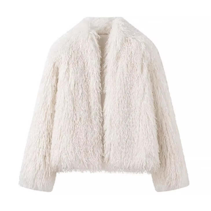 Women's stylish white faux fur street jacket, perfect for casual urban outfits and adding a chic edge.