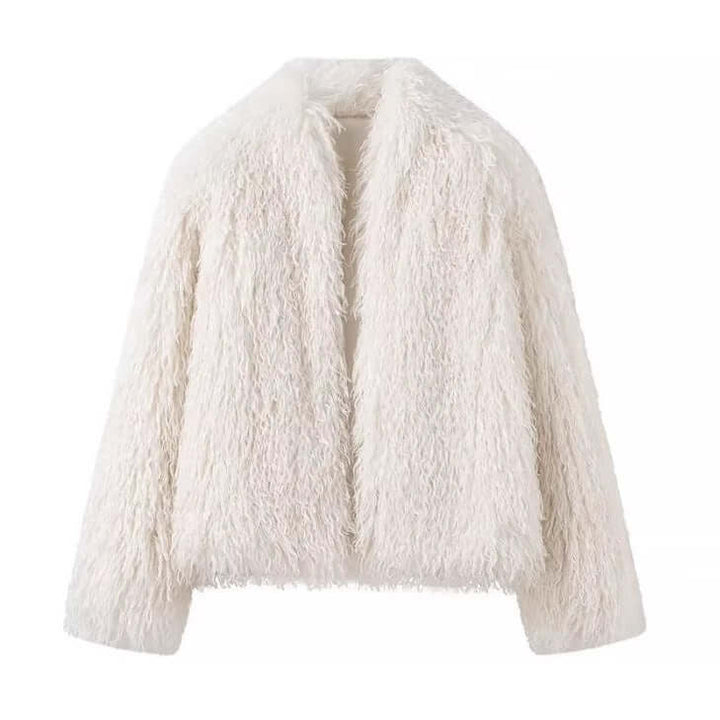 Women's stylish white faux fur street jacket, perfect for casual urban outfits and adding a chic edge.